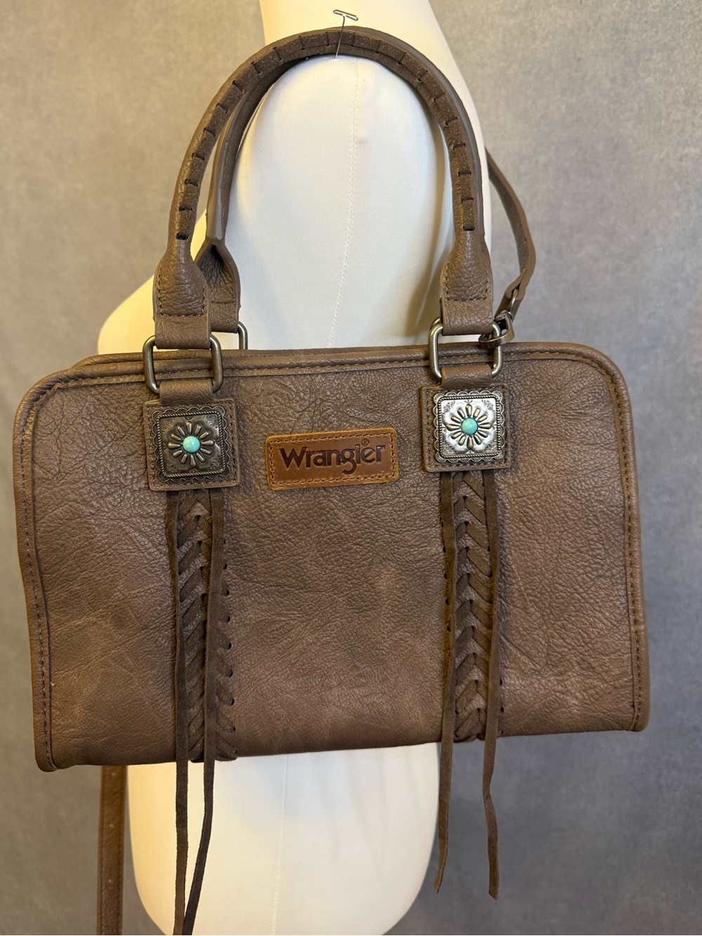 Wrangler Brown Faux-Leather Satchel with Turquoise Accents